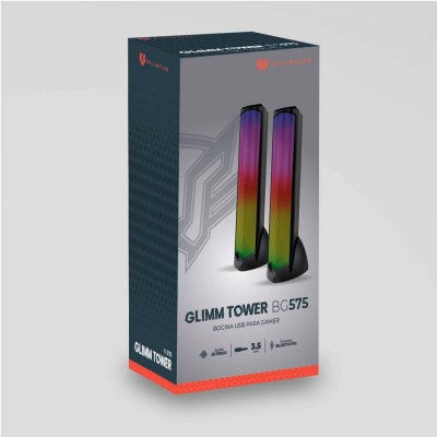 Bocinas 2.0 Gamer Glimm Tower BG575 Balam Rush Conexión Bluetooth/Auxiliar, iluminación LED 3 modos, 10w RMS. Sonido estéreo, Alimentación 5 Vcc 1A, Tipo d