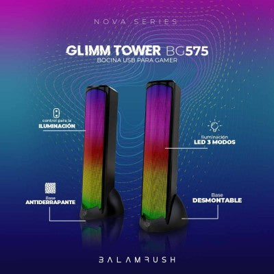 Bocinas 2.0 Gamer Glimm Tower BG575 Balam Rush Conexión Bluetooth/Auxiliar, iluminación LED 3 modos, 10w RMS. Sonido estéreo, Alimentación 5 Vcc 1A, Tipo d