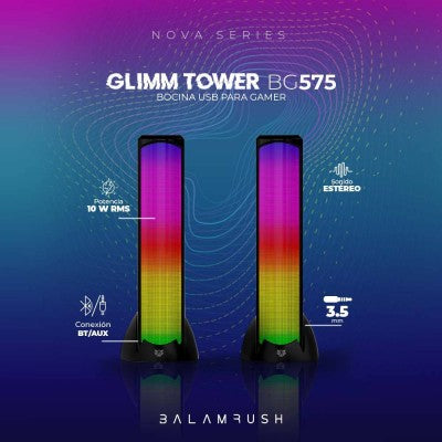 Bocinas 2.0 Gamer Glimm Tower BG575 Balam Rush Conexión Bluetooth/Auxiliar, iluminación LED 3 modos, 10w RMS. Sonido estéreo, Alimentación 5 Vcc 1A, Tipo d