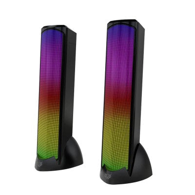 Bocinas 2.0 Gamer Glimm Tower BG575 Balam Rush Conexión Bluetooth/Auxiliar, iluminación LED 3 modos, 10w RMS. Sonido estéreo, Alimentación 5 Vcc 1A, Tipo d